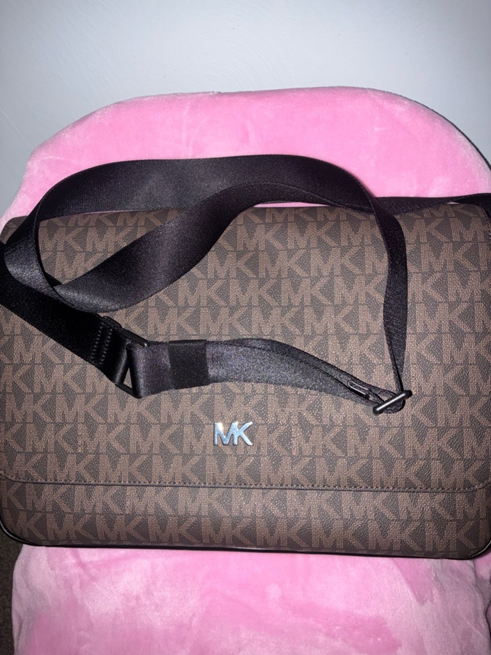 Michael Kors Brown MK Signature Messenger Bag with Black Strap